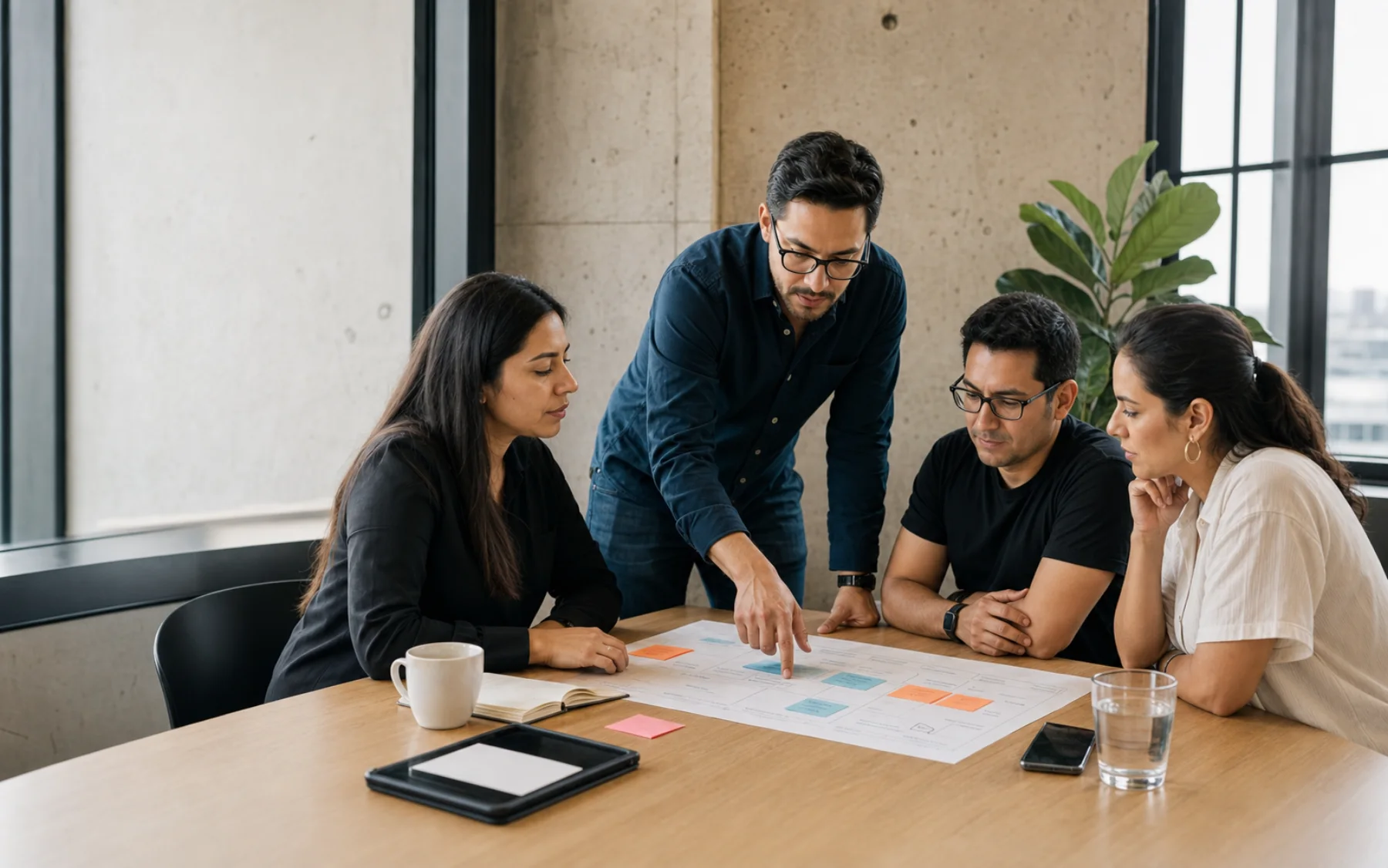 Equipo de estrategia comercial colaborando alrededor de un mapa de procesos